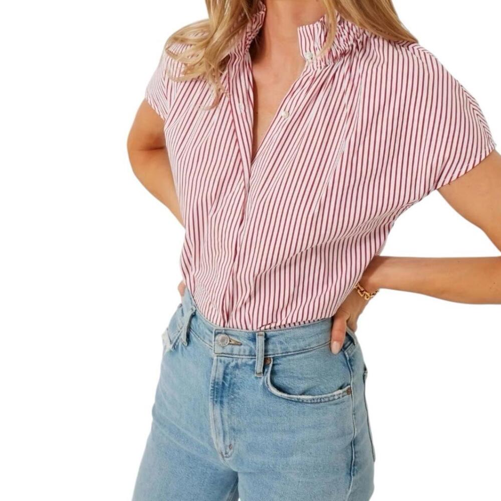 Pomander Place Red Stripe Rae Blouse Women Small Short Sleeve Ruffle Collar Top